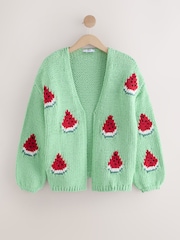 Green Mint Watermelon Print Relaxed Chunky Knit Cardigan with Cotton - Image 6 of 8