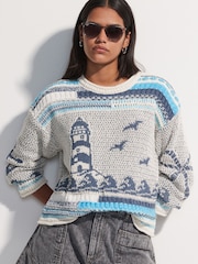Blue Chambray Lighthouse Graphic Print Stitch Roll Edge Jumper - Image 2 of 2