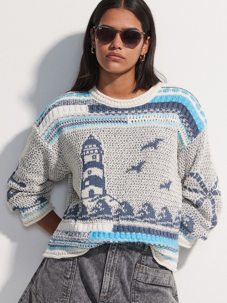 Blue Chambray Lighthouse Graphic Print Stitch Roll Edge Jumper - Image 2 of 2