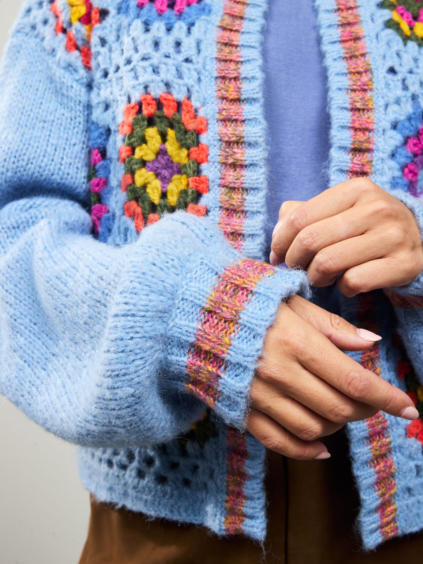 Buy Blue Hand Crochet Long Sleeve Crew Neck Cardigan from the Next