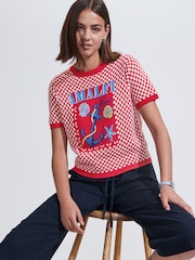Red Gingham Summer Graphic Print Crew Neck T-Shirt - Image 1 of 7