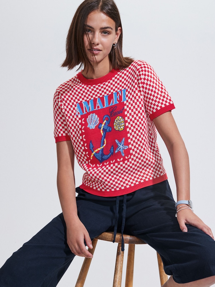 Red Gingham Summer Graphic Print Crew Neck T-Shirt - Image 1 of 7