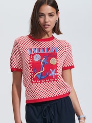 Red Gingham Summer Graphic Print Crew Neck T-Shirt - Image 2 of 7