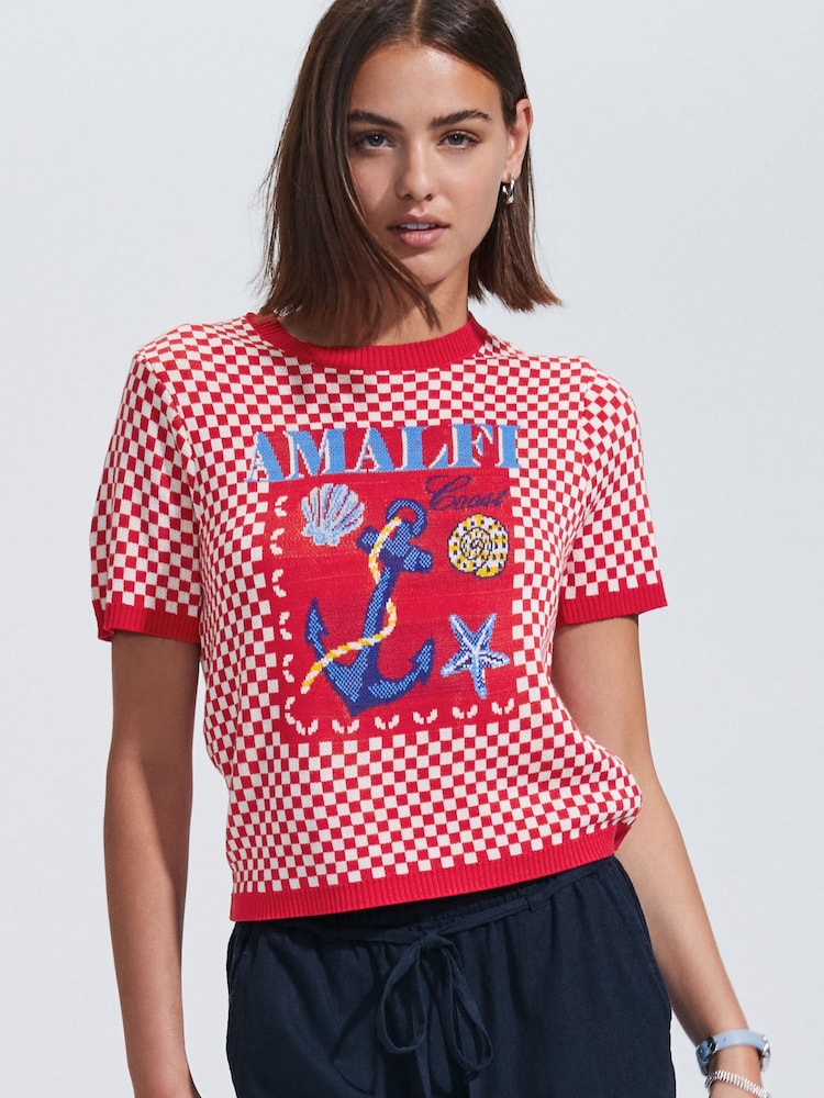 Red Gingham Summer Graphic Print Crew Neck T-Shirt - Image 2 of 7
