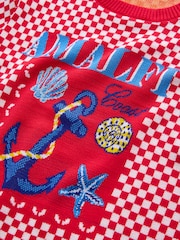 Red Gingham Summer Graphic Print Crew Neck T-Shirt - Image 6 of 7