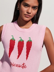 Bright Pink Chilli Pepper Graphic Print Crew Neck Knitted Tank - Image 1 of 7