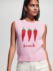 Bright Pink Chilli Pepper Graphic Print Crew Neck Knitted Tank - Image 2 of 7
