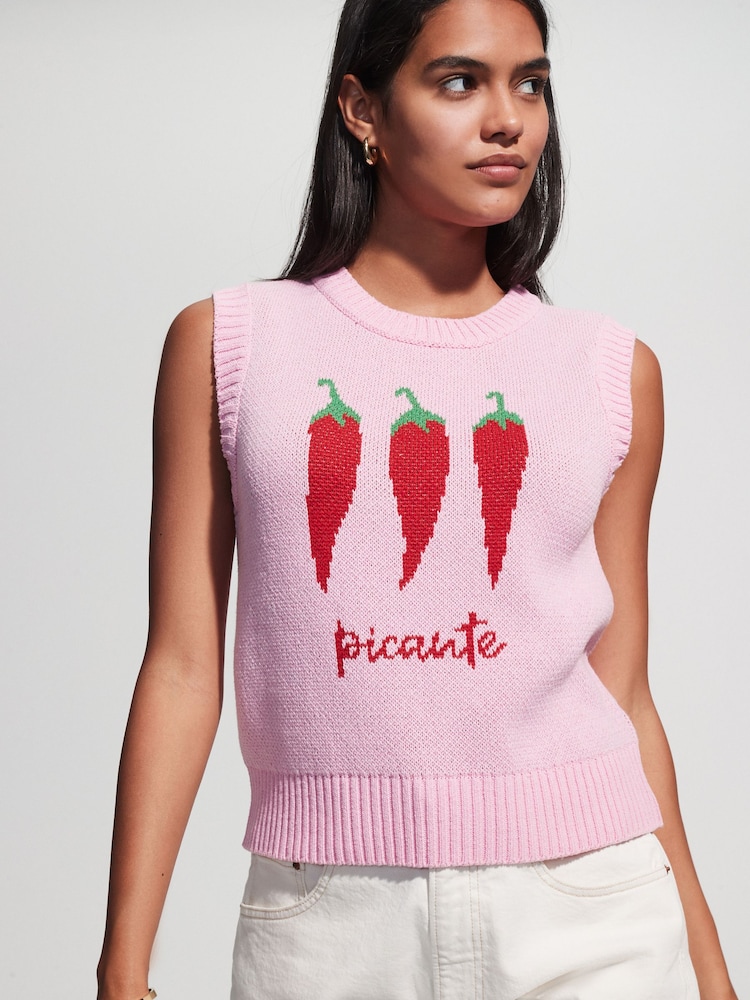 Bright Pink Chilli Pepper Graphic Print Crew Neck Knitted Tank - Image 2 of 7