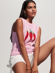 Bright Pink Chilli Pepper Graphic Print Crew Neck Knitted Tank - Image 4 of 7
