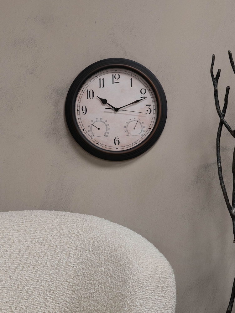 Libra Interiors Antique Brown Outdoor Antiqued Metal Clock with Temperature and 31.6cm - Image 1 of 6