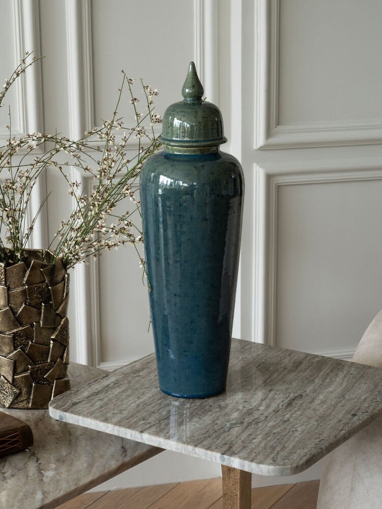 Libra Interiors Green Mediterranean Ginger Jar Reactive Glazed Ceramic Vase - Image 1 of 5