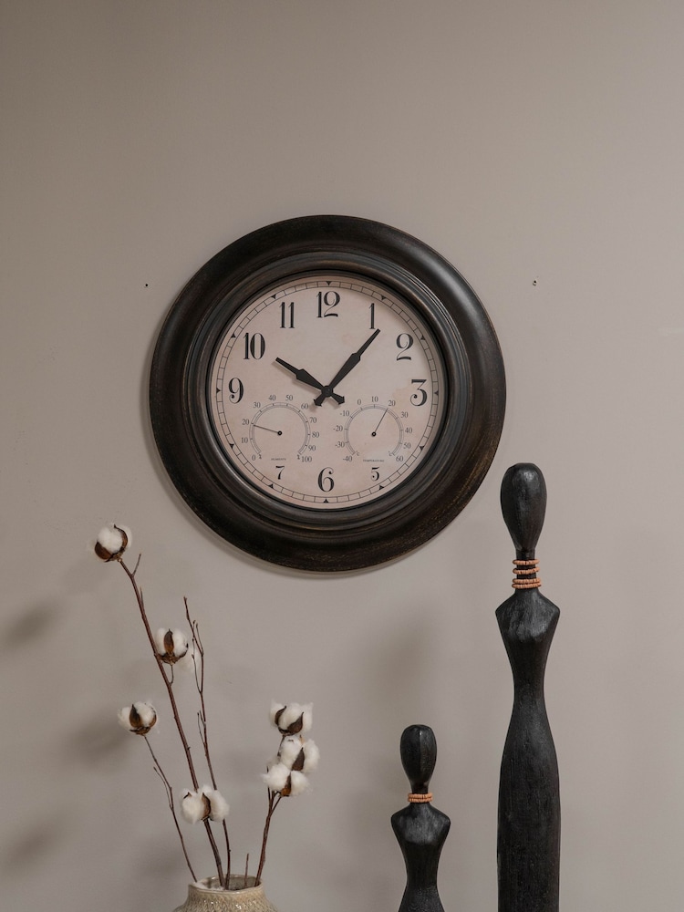 Libra Interiors Antique Black Outdoor Metal Clock with Temperature and Humidity - Image 1 of 6