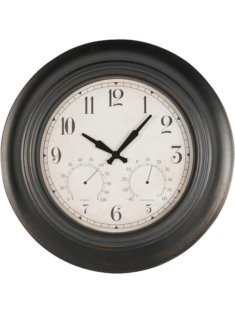 Libra Interiors Antique Black Outdoor Metal Clock with Temperature and Humidity - Image 2 of 6