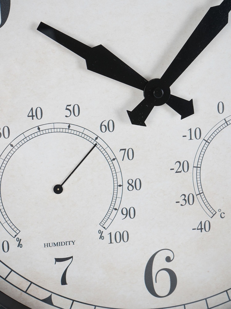 Libra Interiors Antique Black Outdoor Metal Clock with Temperature and Humidity - Image 6 of 6