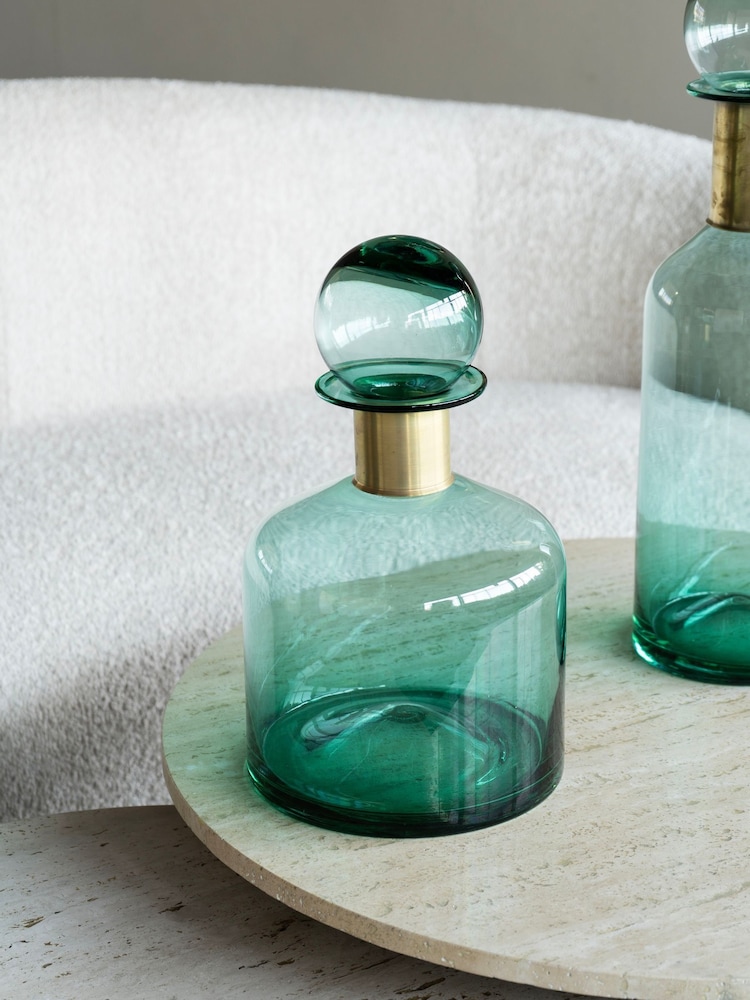 Libra Interiors Teal Jorum Collection Glass Bottle Wide with Lid Brass Detail - Image 1 of 5