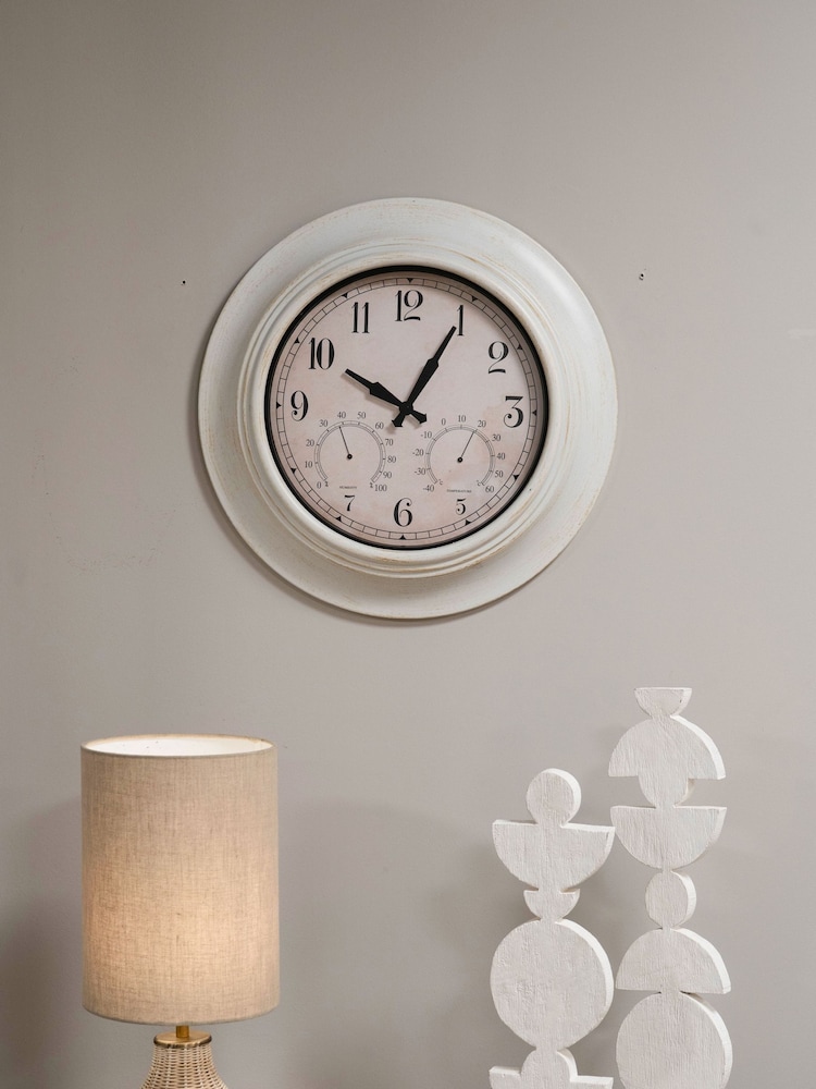Libra Interiors Antique White Outdoor Metal Clock with Temperature and Humidity 53.3cm - Image 1 of 6