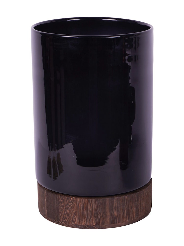 Libra Interiors Black Noir Glass Votive Vase with Wooden Base 31.5cm - Image 2 of 5