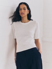 White Knitted Textured Crew Neck Short Sleeve Top - Image 1 of 9