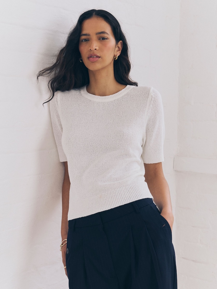 White Knitted Textured Crew Neck Short Sleeve Top - Image 1 of 9