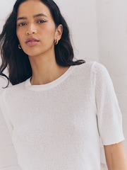 White Knitted Textured Crew Neck Short Sleeve Top - Image 5 of 9