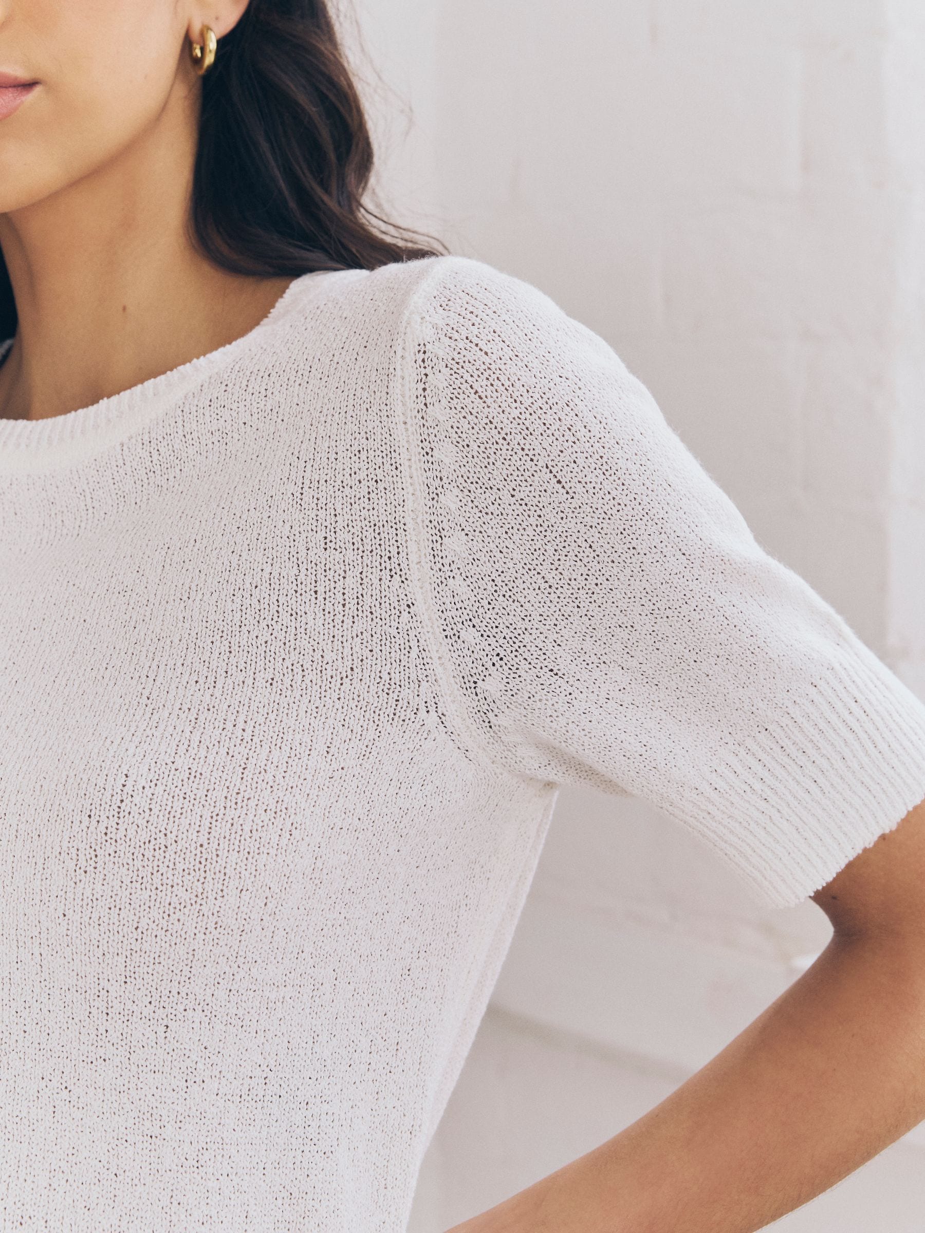 Buy White Knitted Textured Crew Neck Short Sleeve Top from the