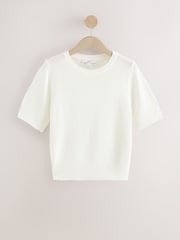 White Knitted Textured Crew Neck Short Sleeve Top - Image 7 of 9