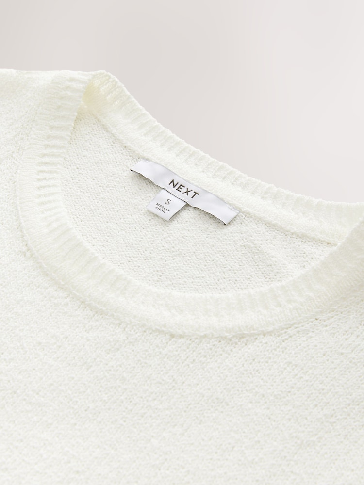 White Knitted Textured Crew Neck Short Sleeve Top - Image 9 of 9