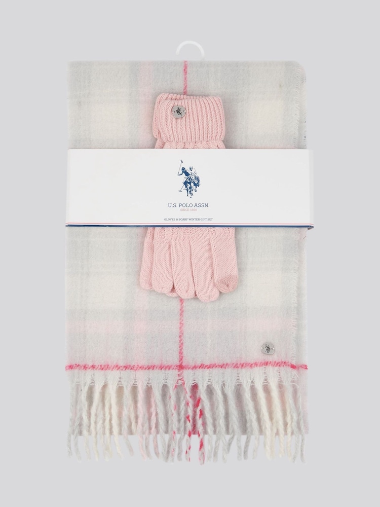 U.S. Polo Assn. Grey Womens Cable Gloves and Check Scarf Box Set - Image 1 of 3