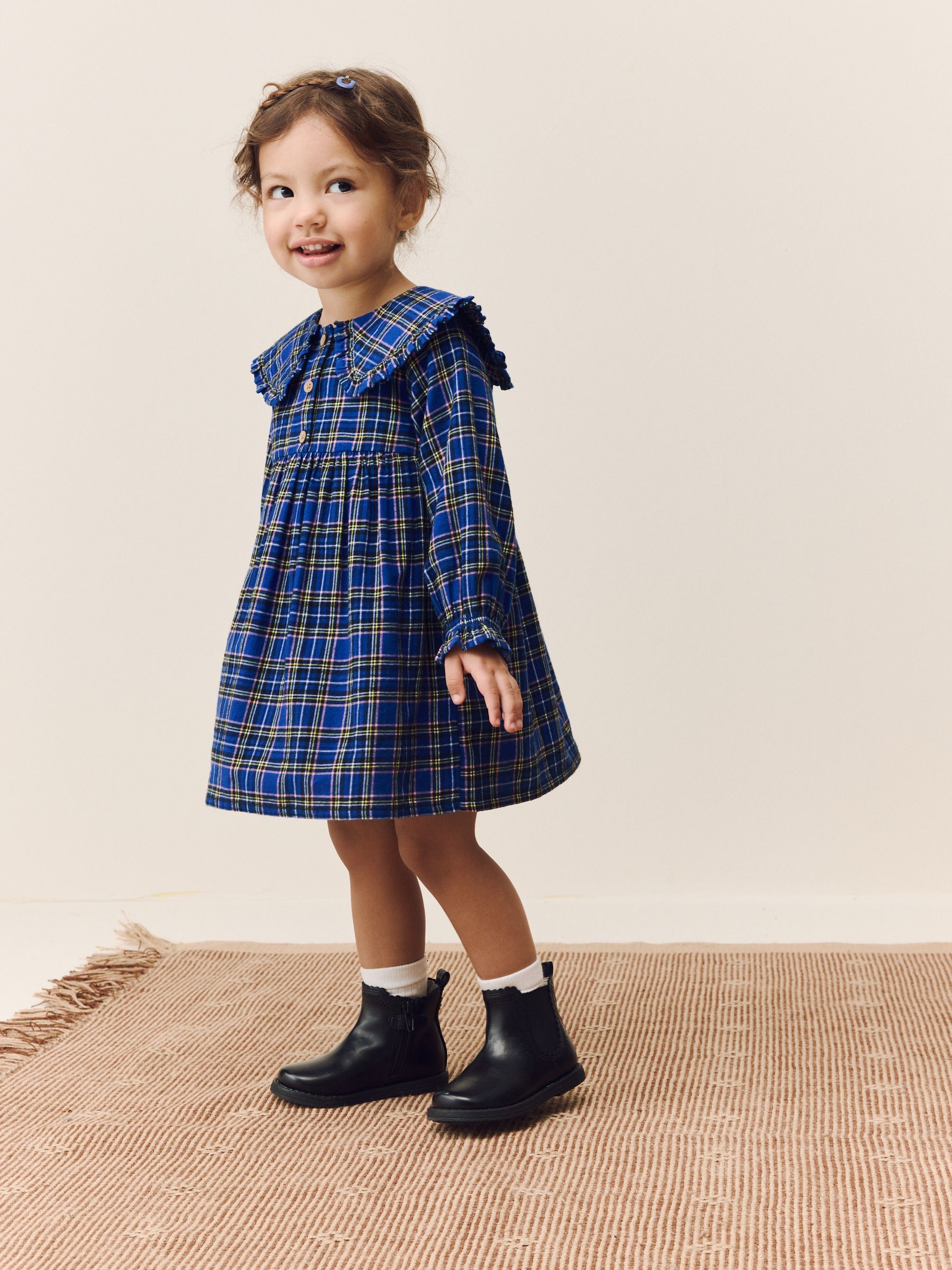 blue dress for baby girl PATCHWORK PLAID DENIM MINI DRESS – AKIRA main image 1