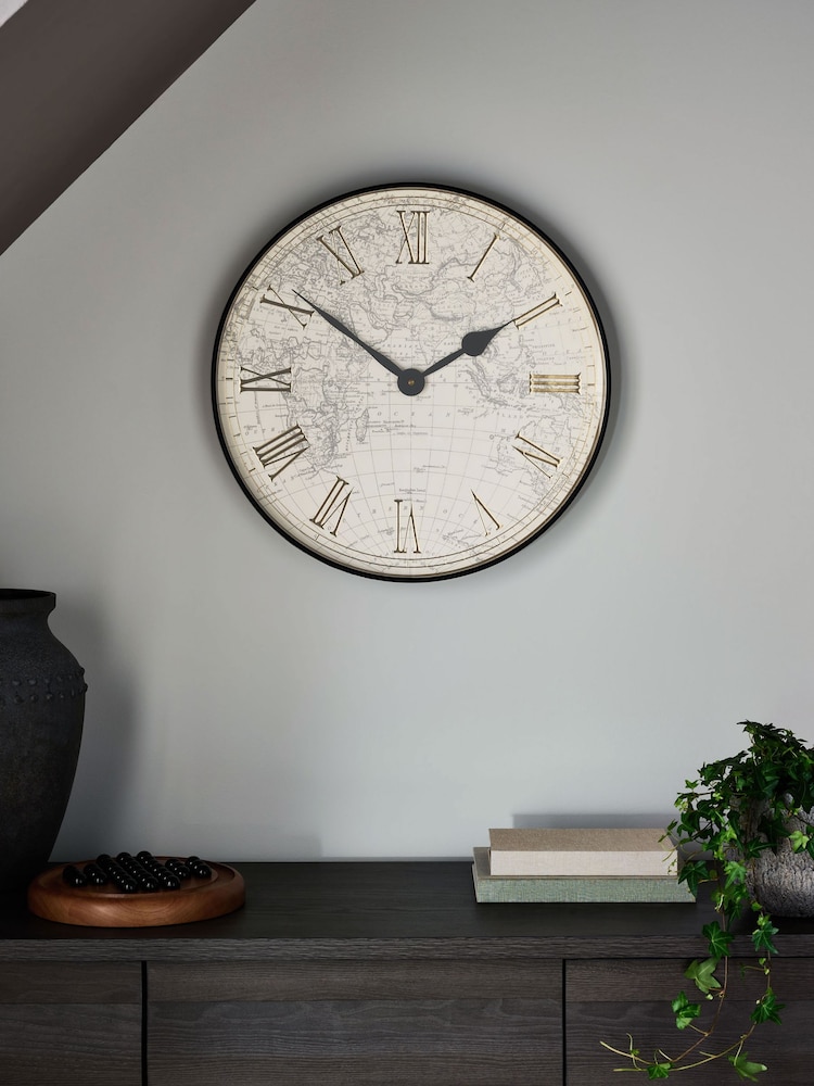 Black Map Print Wall Clock - Image 1 of 5