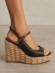 Reiss Chocolate/Black Camila Leather Whipstitch Wedges Sandals - Image 2 of 5