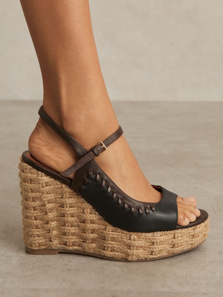 Reiss Chocolate/Black Camila Leather Whipstitch Wedges Sandals - Image 2 of 5