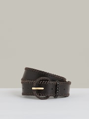 Reiss Chocolate Gia Leather Whipstitch Belt - Image 1 of 4
