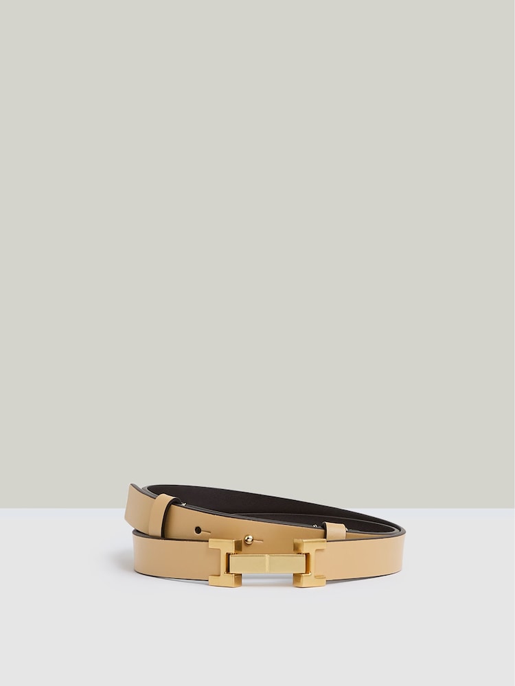 Reiss Neutral Hayley Leather Square Hinge Belt - Image 1 of 4 Reiss Neutral Hayley Leather Square Hinge Belt - Image 1 of 4