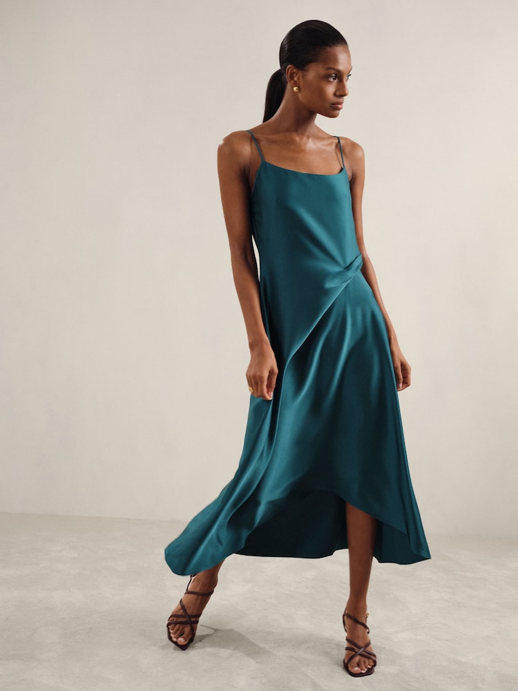 Buy Reiss Teal Zoey Petite Satin Drape-Detail Slip Dress from the