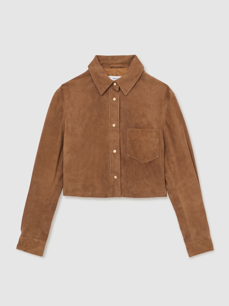 Reiss Connie Suede Press-Stud Cropped Shirt - Image 2 of 6 Reiss Connie Suede Press-Stud Cropped Shirt - Image 2 of 6