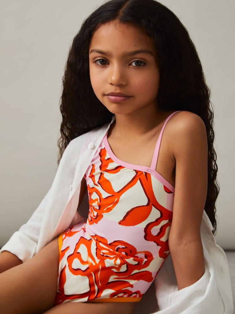 Reiss Pink Print Goldie Floral Print One Shoulder Swimsuit - Image 1 of 4