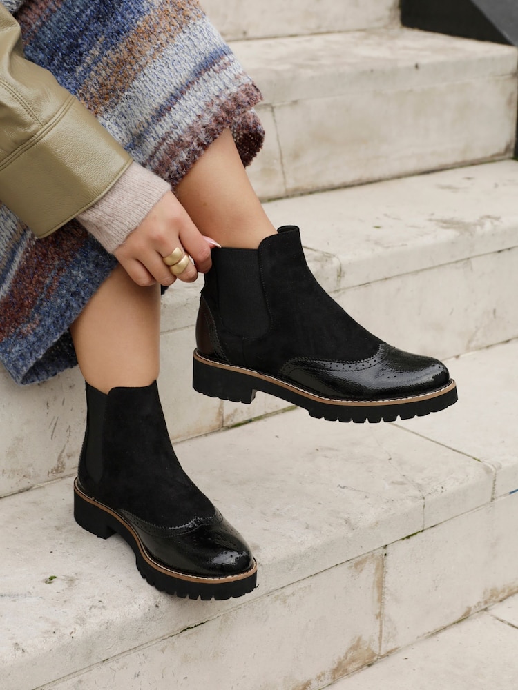 Linzi Black Cleo Patent & Suede Brogue Style Chelsea Boots - Image 1 of 5