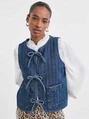 JD Williams Blue Denim Tie Front Quilted Gilet - Image 1 of 4