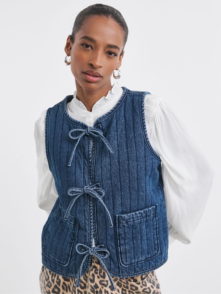JD Williams Blue Denim Tie Front Quilted Gilet - Image 1 of 4