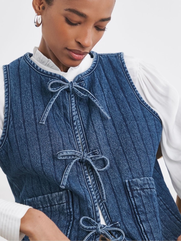 JD Williams Blue Denim Tie Front Quilted Gilet - Image 4 of 4