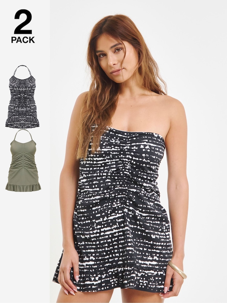JD Williams Black/Green 2 Pack Value Bandeau Swimdresses - Image 1 of 5