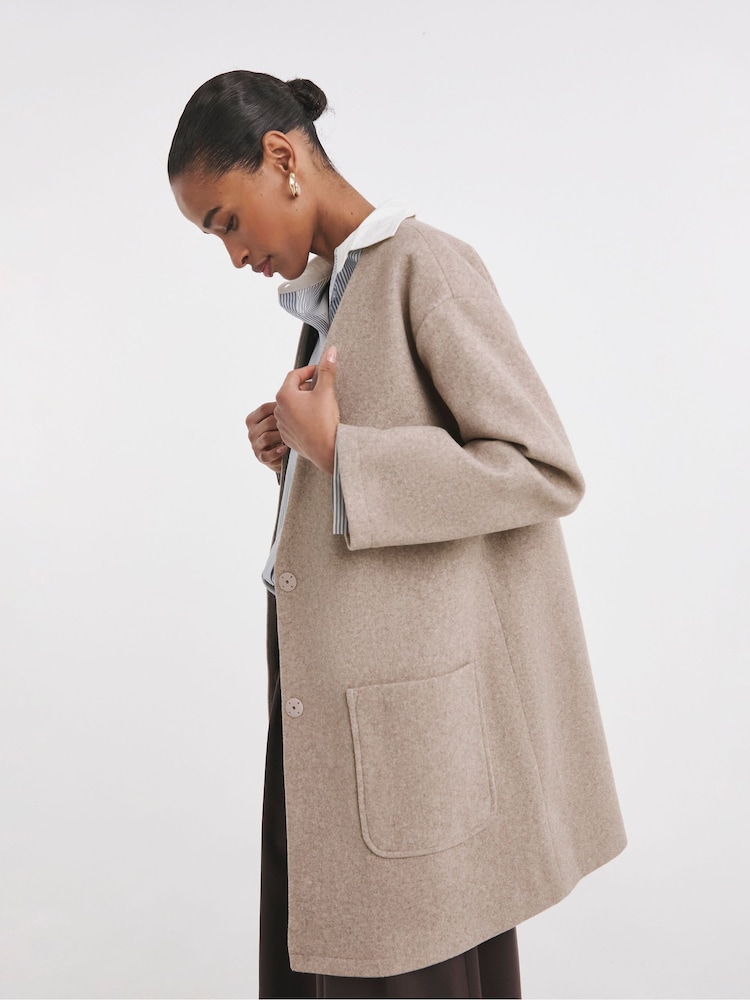 JD Williams Brown Mushroom Wool Collarless Coat - Image 1 of 4 JD Williams Brown Mushroom Wool Collarless Coat - Image 1 of 4
