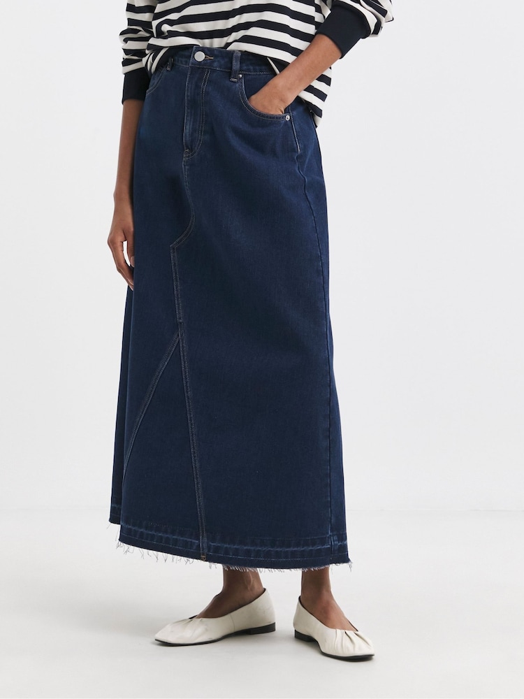 JD Williams Blue Raw Edge A-Line Denim 100% Cotton Skirt - Image 1 of 4