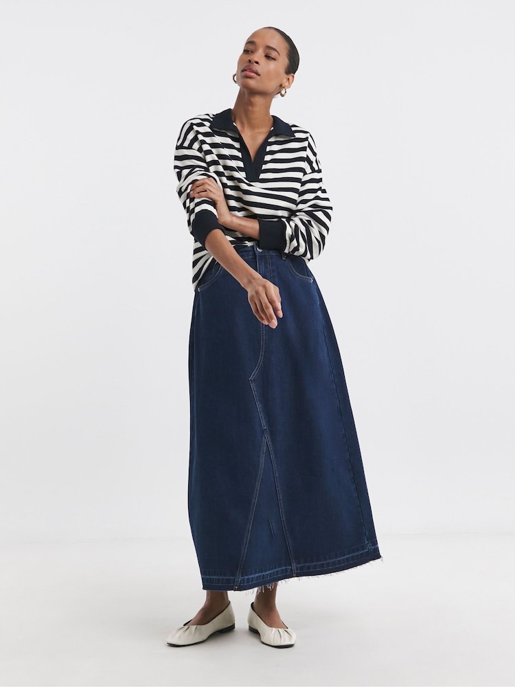 JD Williams Blue Raw Edge A-Line Denim 100% Cotton Skirt - Image 2 of 4