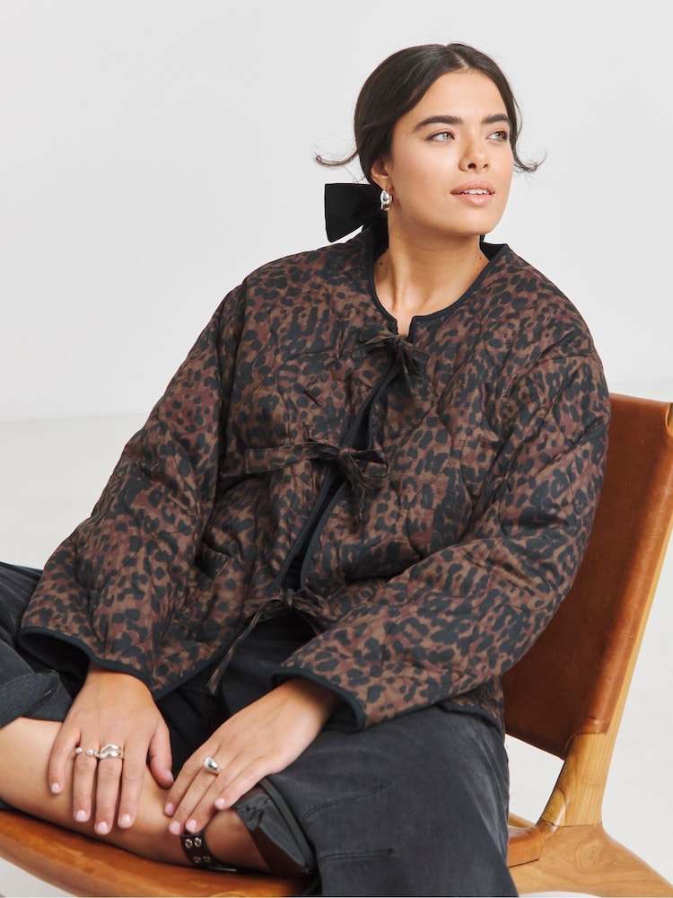 Simply Be Brown Leopard Print Quilted Tie Front Jacket - Image 1 of 6