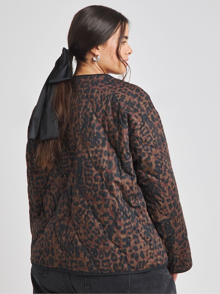 Simply Be Brown Leopard Print Quilted Tie Front Jacket - Image 2 of 6