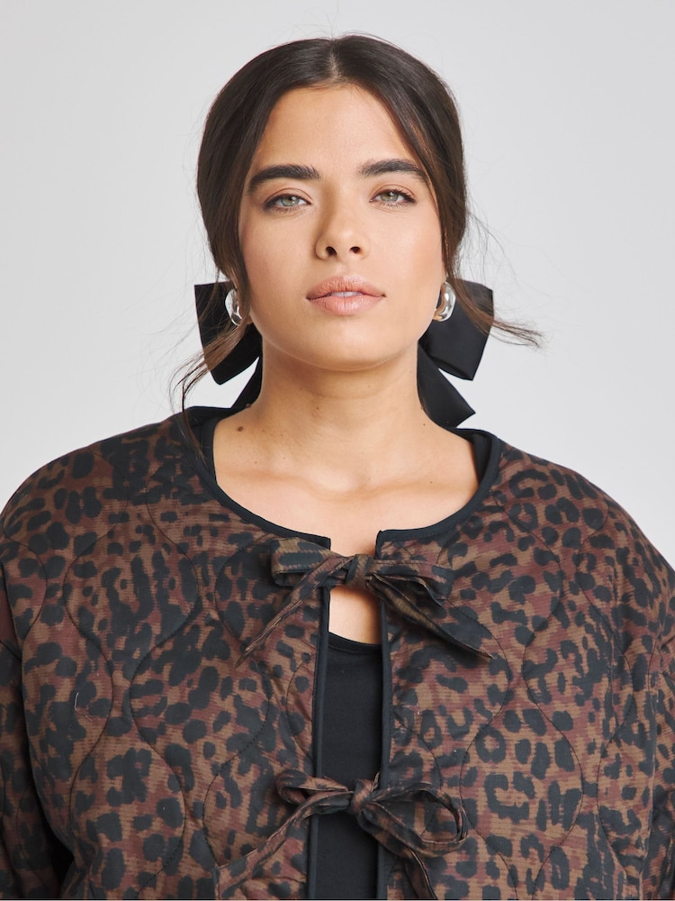 Simply Be Brown Leopard Print Quilted Tie Front Jacket - Image 3 of 6