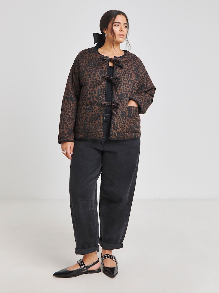 Simply Be Brown Leopard Print Quilted Tie Front Jacket - Image 4 of 6