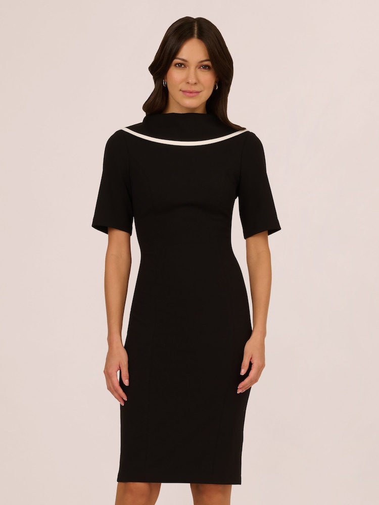 Adrianna Papell Roll Neck Sheath With V Back Black Dress - Image 1 of 7 Adrianna Papell Roll Neck Sheath With V Back Black Dress - Image 1 of 7